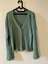 Boohoo Sage Green Ribbed V-Neck Cardigan Jumper M/L Bell Sleeves Acrylic