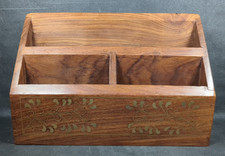 Vintage Wooden Letter Rack/Paper Organiser ~ Solid Wood ~ Brass Inlay ~ 3 slots