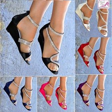 LADIES SATIN DIAMANTE DETAIL LOW MID WEDGE HEEL PEEP TOE STRAPPY SHOES SIZES 3-8
