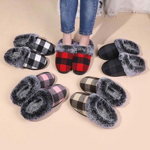 Plaid fluffy slippers - plaid,