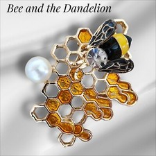 Queen Honey Bumble Bee  Honeycomb Enamel & Crystal Rhinestone Faux Pearl Brooch