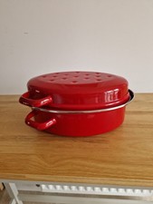Red Enamel Oval Roasting Tin With Lid - 32cm - Excellent Condition