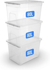 3x 80 Litre Clear Plastic Storage Large Boxes Stackable Home Kitchen Office UK