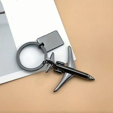 Solid Metal Black Chrome Airplane Aeroplane Plane & Square Tag Keyring Keychain