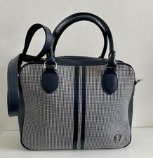 Fred Perry Navy Blue dogtooth  Check Handbag with silver style Fred Perry logo 