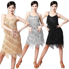 Women Latin Dance Slip Dress Sequins Tassel Dancewear Ballroom Tango Salsa