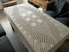 Vintage Hand  Crochet  Tablecloth Rectangle Oval Large Cream Dinner Party 