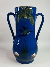 Vintage Hand Painted Devon Torquay Ware Vibrant Blue Kingfisher Twin Handle Vase