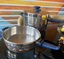 TWO Rare Vintage FISSLER 10.5” Geometric S/Steel 18-10 Stockpot & Skillet