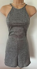 Sz S 30” Oh My Love London silver shiny metallic thread short playsuit/jumpsuit