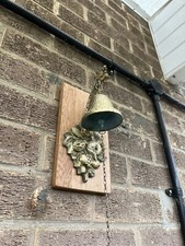 Antique Wall Mounted Cast Brass Bell Mounted On Oak Plinth