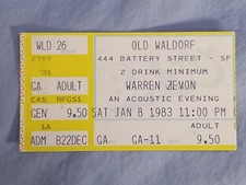 1-8-83 1983 Warren Zevon Vtg Concert Ticket Stub Old Wardorf San Fransisco Ca