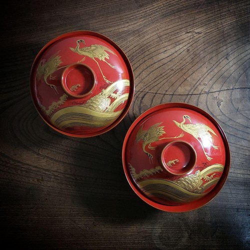 Red lacquer soup bowl crane - soup,