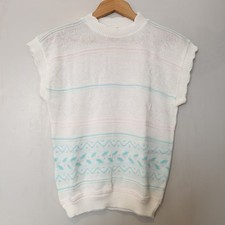 VINTAGE JUMPER 80s Ladies Knit Short Sleeve PASTELS White 36" Striped Made in UK