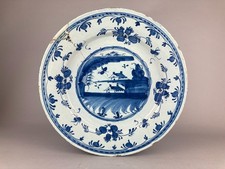 ANTIQUE 18th C. DUTCH TIN GLAZED DELFT BLUE & WHITE CHARGER DISH c. 14 INCHES