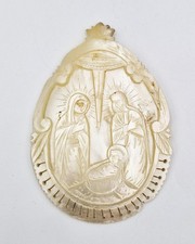 FINE JERUSALEM CARVED MOTHER OF PEARL NATIVITY SCENE PLAQUE c1900