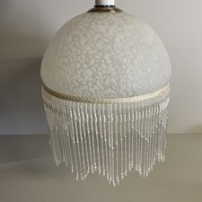 Pair Vintage Pendant Light Lamp Shades Marbled Glass With Beaded Trim Art Deco V