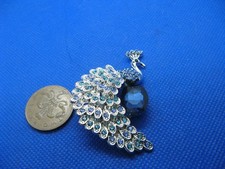 Lovely Blue Rhinestone Silver Tone Peacock Brooch. New.