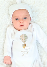 Personalised Hello World Baby Grow Hat Hospital Outfit Safari Hot Air Balloon