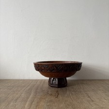 Vintage Rustic Style Hand Carved Wooden Pedestal Serving Display Fruit Bowl