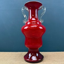 LARGE VINTAGE MID CENTURY RED MURANO GLASS HANDLED VASE  34CM
