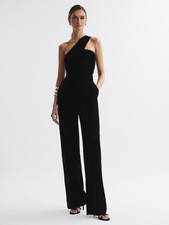 REISS Winter PETITE Velvet One-Shoulder Jumpsuit in Black UK Size 8