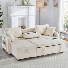 L-Shaped Corner Sofa Bed with Storage Chaise Pull-Out Sleeper Couch Beige Fabric