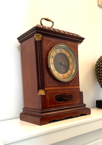 Mahogany inlaid mantle clock - mantle,