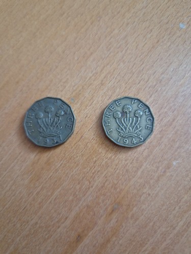 Three pence coins 1937 and - three,