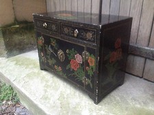 PAINTED QING BLACK LACQUER CHINESE ALTAR TABLE ORIENTAL CABINET BIRDS FLOWERS