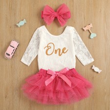 Girls 1st First Birthday Cake Smash Set Outfit Tutu Personalised Pink Gold & Bow