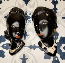 African Chalkware Heads Wall Plaque Vintage 50s~60s Pre Owned 