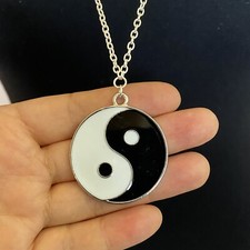 Chinese Yin Yang Ying Yang Enamel Charm Pendant 45x39mm, 30" Necklace Feng Shui 