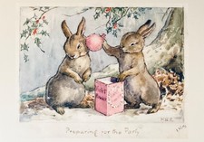 Vintage Nostalgic Christmas Card~ Rabbits ~ Two Whimsical Bunnies ~ Yule ~Single
