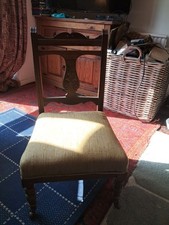 Antique Victorian Edwardian Low Chair Solid Carved Oak Upholstered 