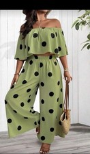 Green and Black Poker Dot Set In Wide Leg Trouser with Off The Shoulder Top