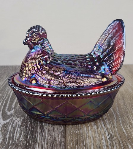 Ruby red carnival glass hen - ruby, on