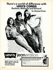 Levi Strauss Levi`s cords Jeans Ephemera advert 1970 Fashion Dunlop underseal 