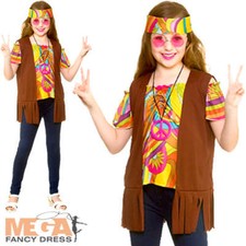 Cool Hippie Girls Fancy Dress 60s 70s Retro Peace Groovy Childrens Kids Costume 