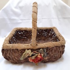 Vintage Woven Basket with Flowers Wicker and Reed Two Tone Shopping Storage