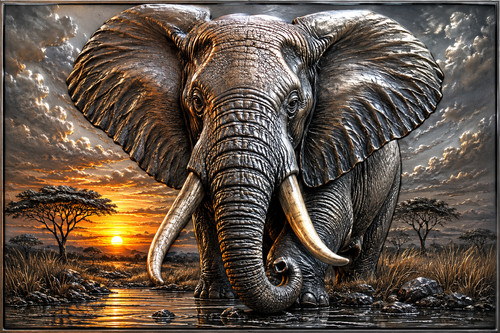 African elephant sunset - african, at