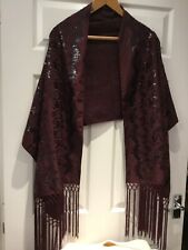 evening scarf burgundy red sequinned and embroidered patterns tasseled ends