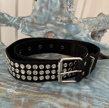 Vintage Studded Belt, Canvas, Black, Silver Concave Metal Faceted Studs Rows