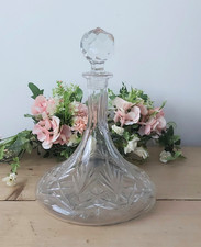 Heavy Vintage Cut Crystal Glass Ships Decanter 11" - Whisky, Wine, Brandy