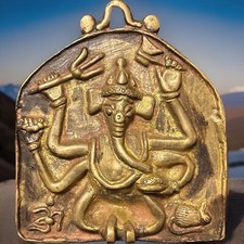 Hindu Large Amulet- Ganesh Pendant Vintage Antique Rare Bronze votive panel Puja