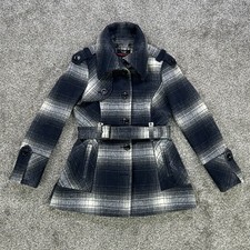 Miss Sixty Wool Blend Plaid Belted Pea Coat Womens Medium Faux Leather Trim