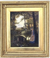 BEAUTIFUL PRIMITIVE NAIVE 19th CENTURY OIL PAINTING - FARM SCENE - GESSO FRAME