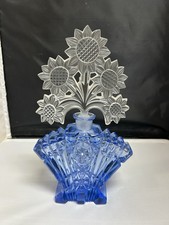 Large 1930s Czech Art Deco Blue Cut Glass Perfume Bottle w/ Sunflower Stopper