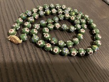 Vintage Chinese Cloisonne Beaded Green Floral Enameled Hand Tied Gold Clasp 14”