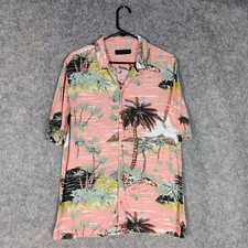 Allsaints Shirt Mens Size Large Pink Floral Palm Tree Hawaiian Cuban Collar Luau